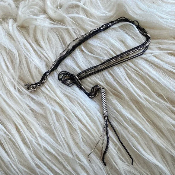 David Yurman Sterling Silver and Black Diamond Tassel Cable Chain Long Necklace - Picture 7 of 15